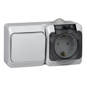 Блок розетка с заземлением IP44 и выключатель одноклавишный Schneider Electric Этюд ВРА16-241С, серый